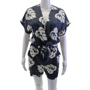 Jazmin Chebar Womens Dark Blue Floral V Neck Short Sleeve Romper Size 4